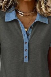Dark gray cotton t-shirt with denim collar and button placket, short sleeves.