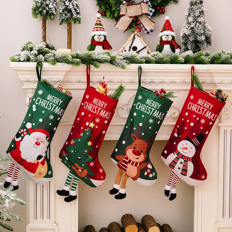Animated Christmas stockings with 3D Santa, tree, reindeer, and snowman designs.