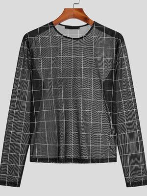 Black grid-print sheer mesh long sleeve top with crew neck