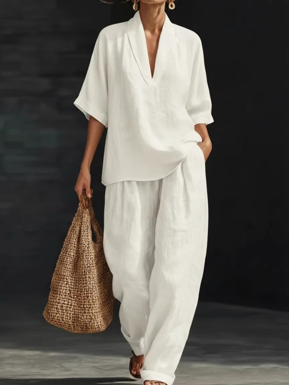 pajama set in White with pocketed and hip-length, full-length