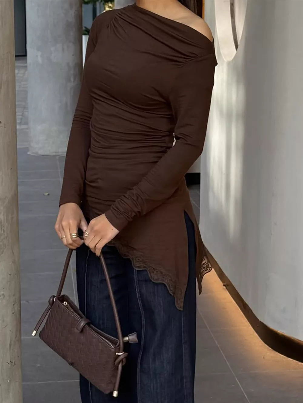 Brown one-shoulder top with waist-length and pullover
