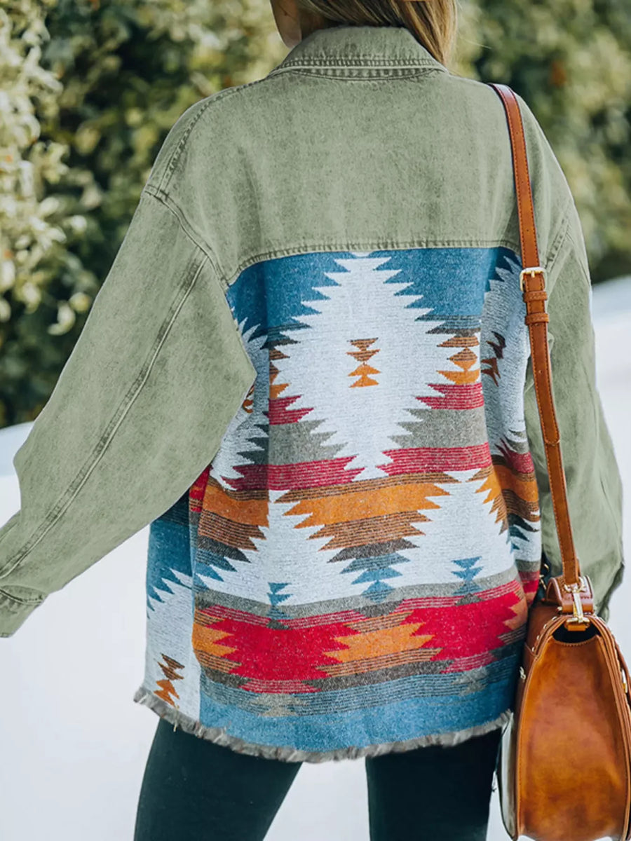 Oversized trucker jacket in sage green with a colorful Aztec print back panel and frayed hem.