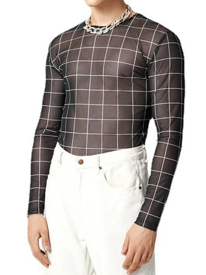 Black sheer mesh second-skin top with white grid print and crew neck.