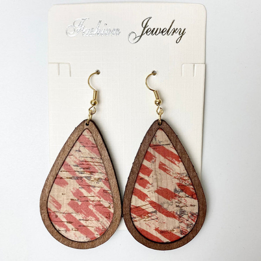 Cork teardrop earrings with red botanical print and wooden frame