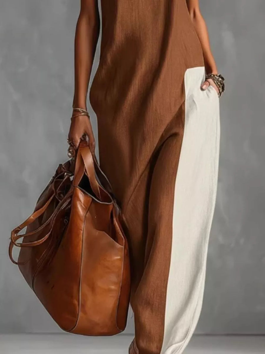 Dark Gray with Color Block Mock Neck Sleeveless Maxi Dress Plus Size in Dark Gray