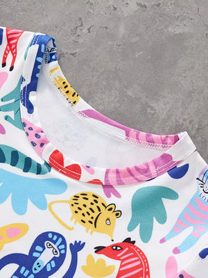 White t-shirt with colorful cartoon animal print and crew neck.