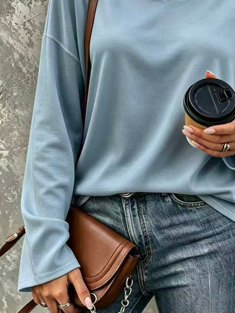 Solid Color Long Sleeve Loose T-Shirt Plus Size in Black with stretch