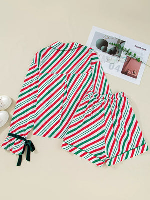 Velvet Ribbon Knot Pajama Set in stripe pattern with buttoned top and shorts.