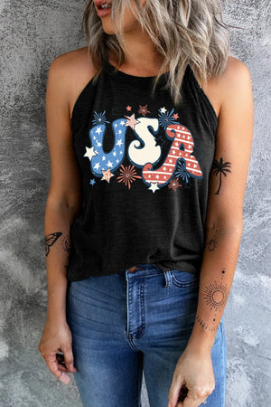 Black halter tank top with patriotic USA graphic and stars.