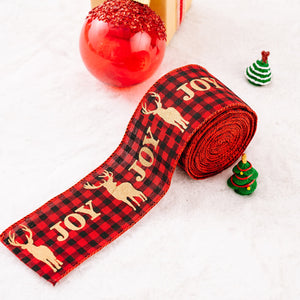 Red and black buffalo check ribbon with gold JOY text and reindeer, Style A