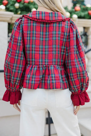 Plaid Tie Neck Ruffle Cuffs Blouse in this colorway