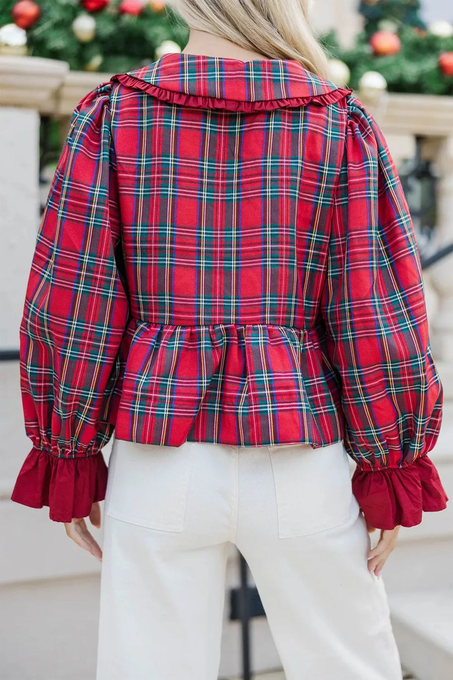 Plaid Tie Neck Ruffle Cuffs Blouse in this colorway