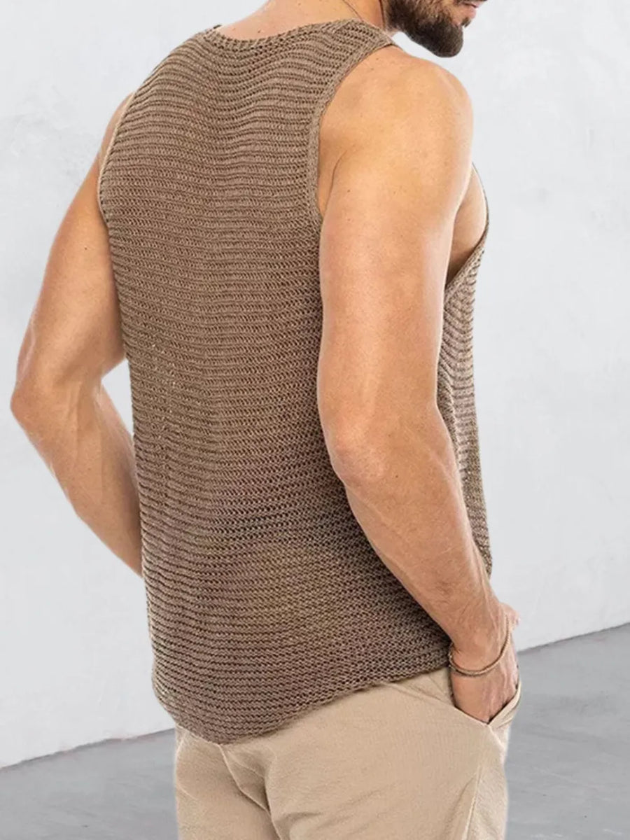 Open-knit scoop neck tank top in taupe acrylic with a casual fit.