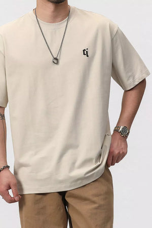Men's cream cotton blend crew neck tee with embroidered logo detail