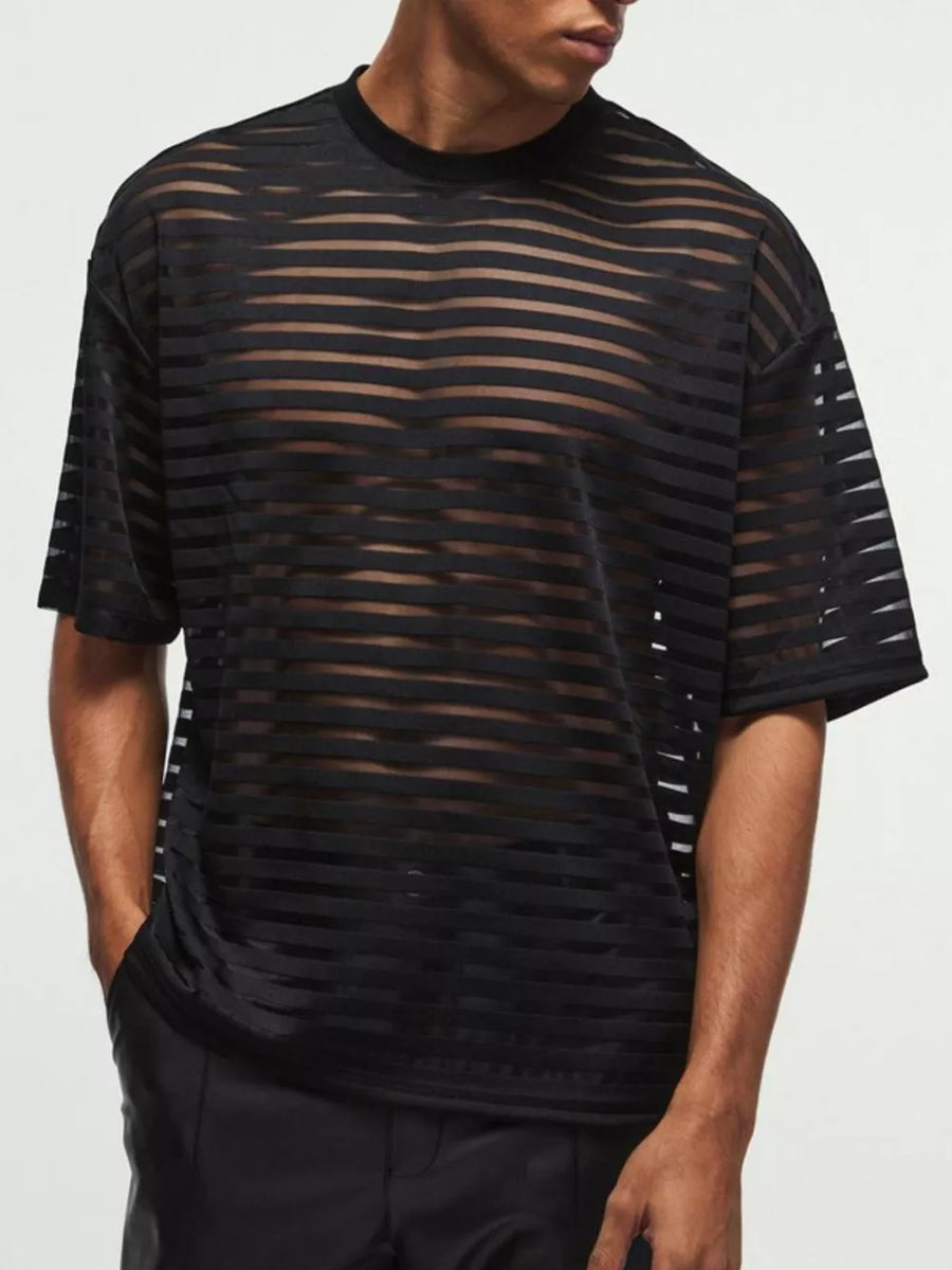 Men's black sheer striped round neck t-shirt with short sleeves.