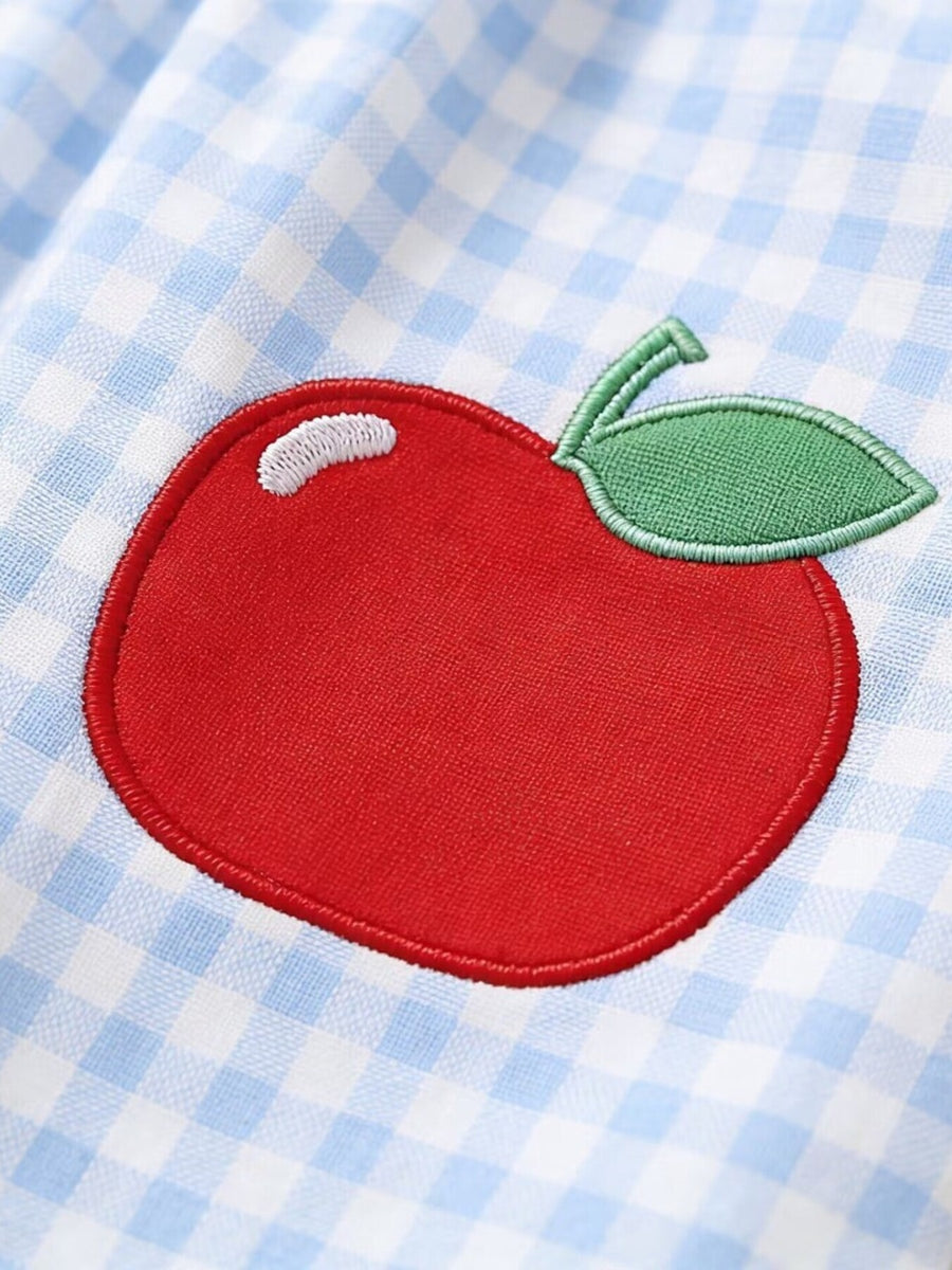 Sky blue gingham toddler dress with red apple appliqué detail.
