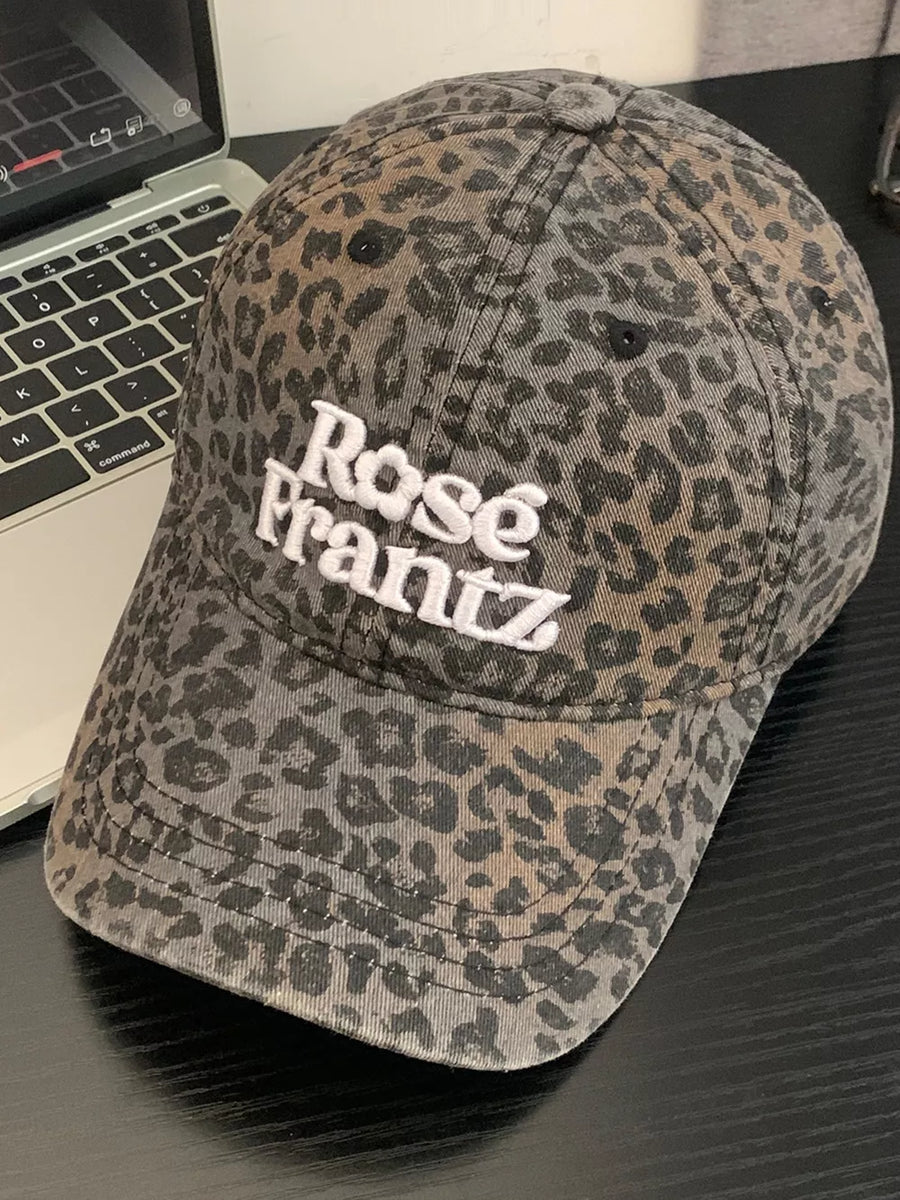 Leopard print cotton baseball cap with white Rose Frantz embroidery.