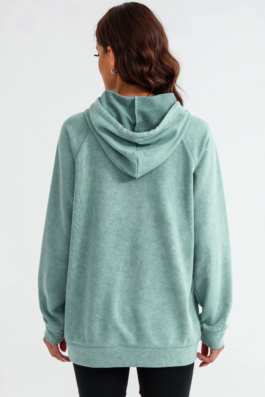 Textured raglan sleeve hoodie in Gum Leaf green with a relaxed fit and drawstring hood.