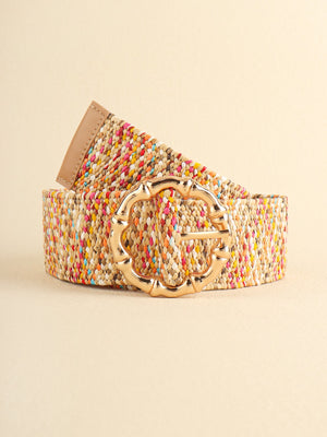 Woven raffia belt with multicolor threads and sculpted gold buckle.