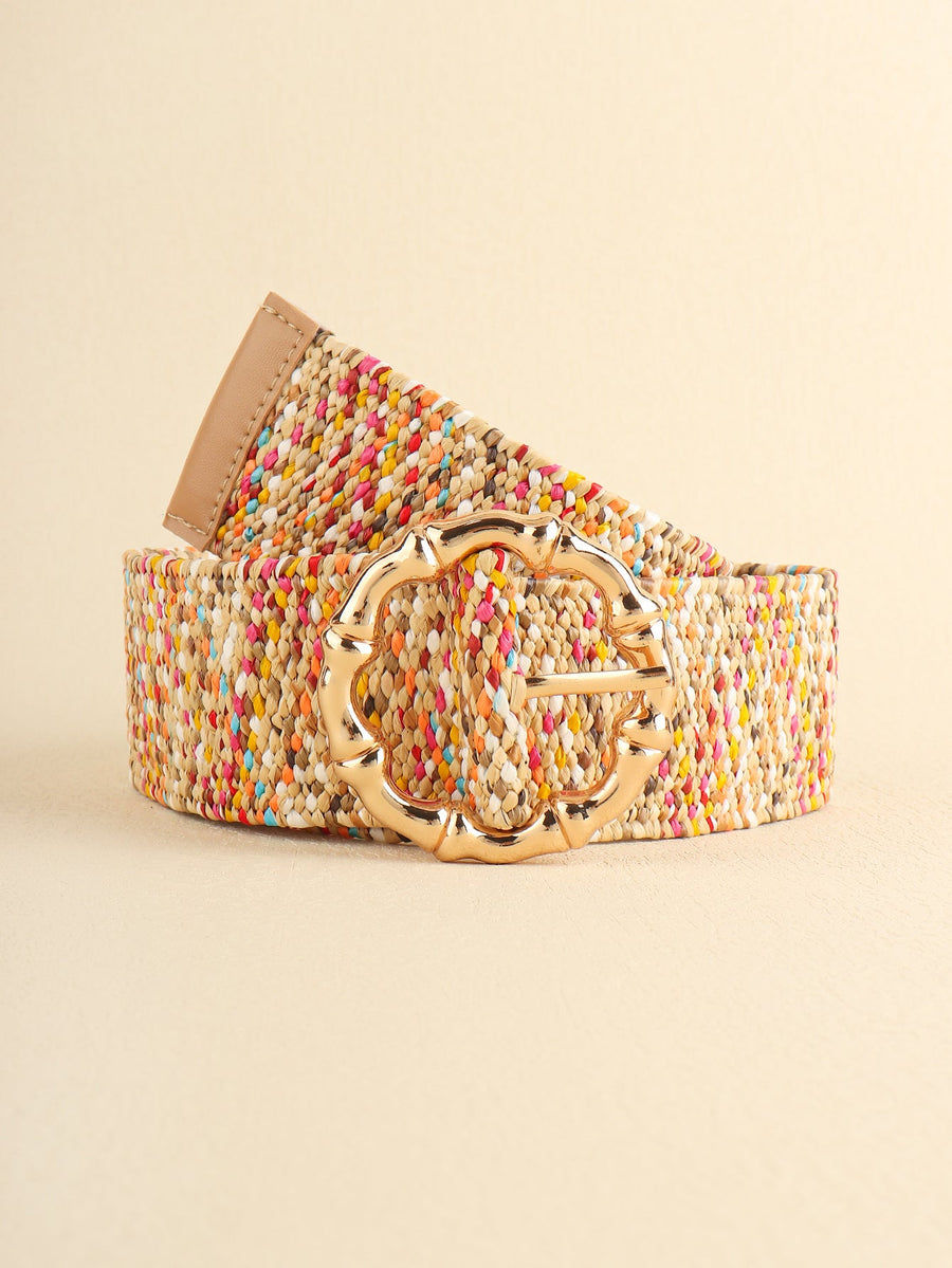 Woven raffia belt with multicolor threads and sculpted gold buckle.