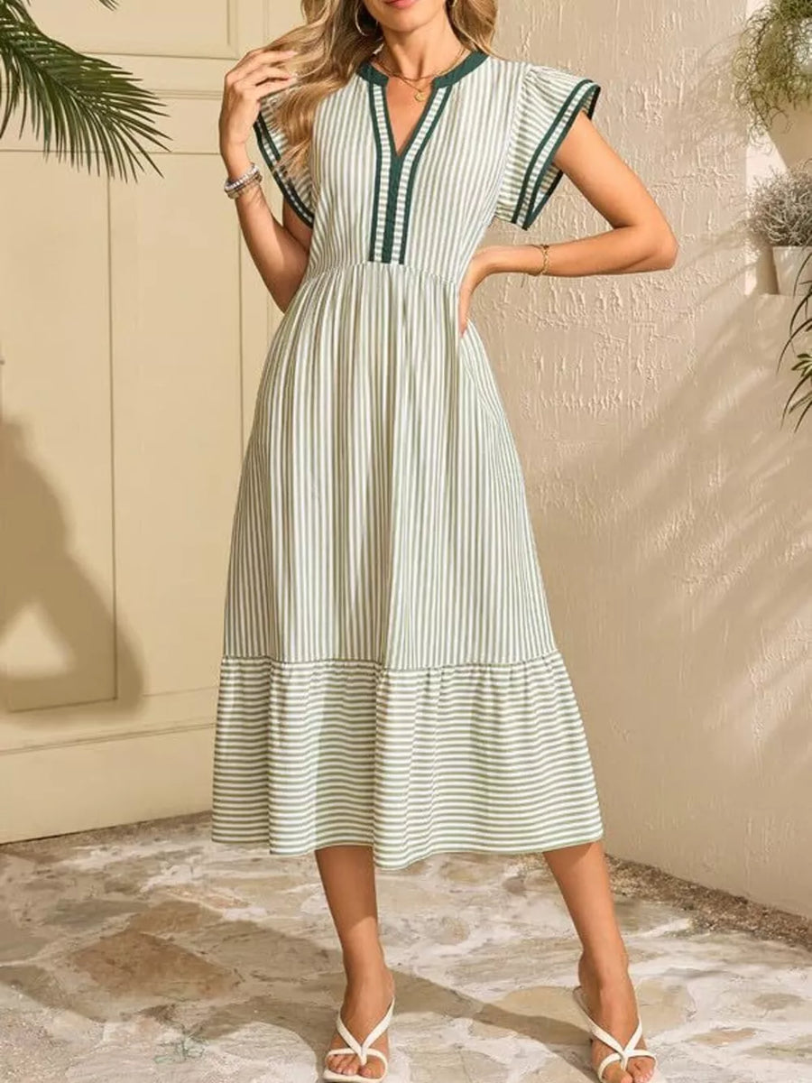 Green striped midi dress with notched V-neck, ruffle sleeves, and tiered hem.