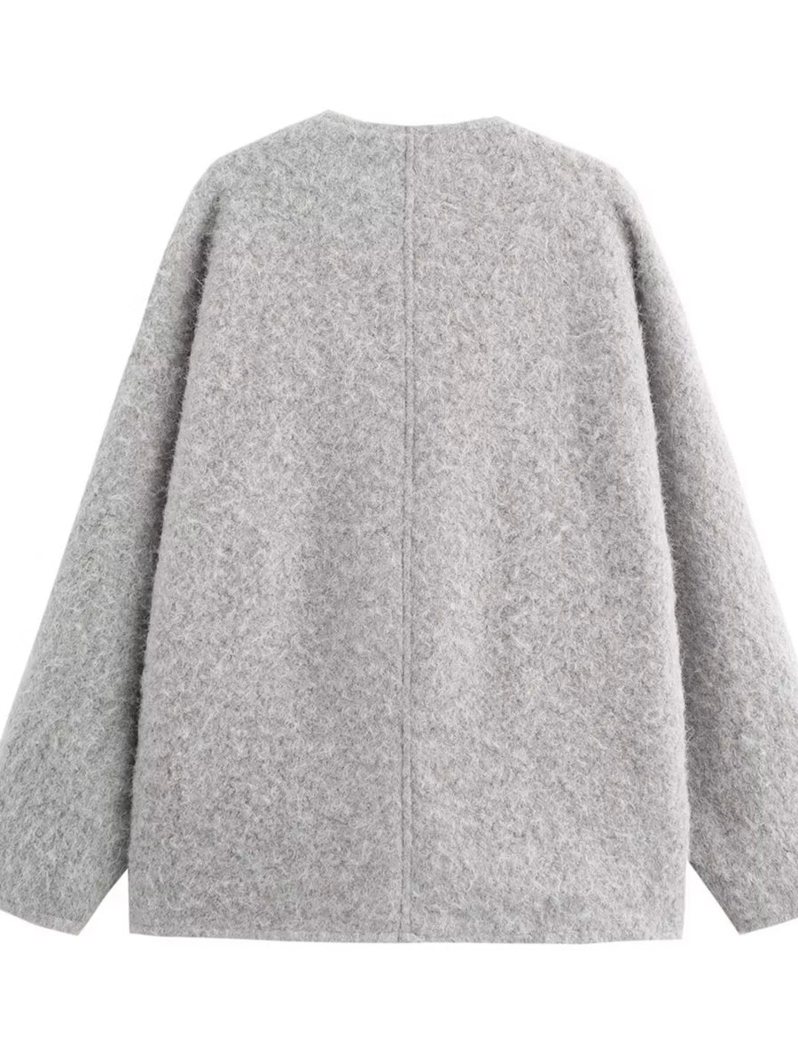 Textured knit tie-front coat in silver gray with a round neckline and long sleeves.