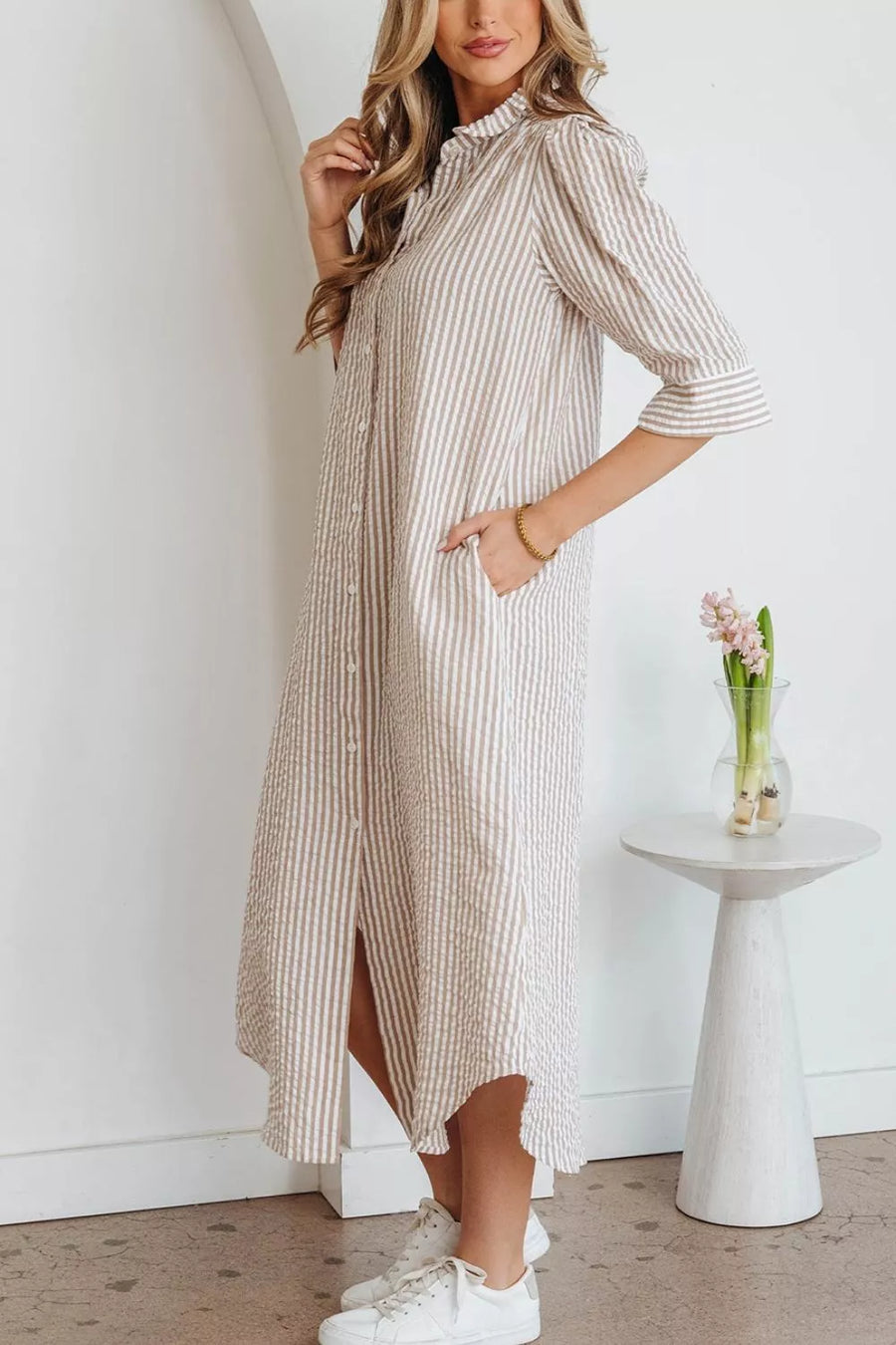 Stripe Frilled Collar Half Sleeve Shirt Dress option 6
