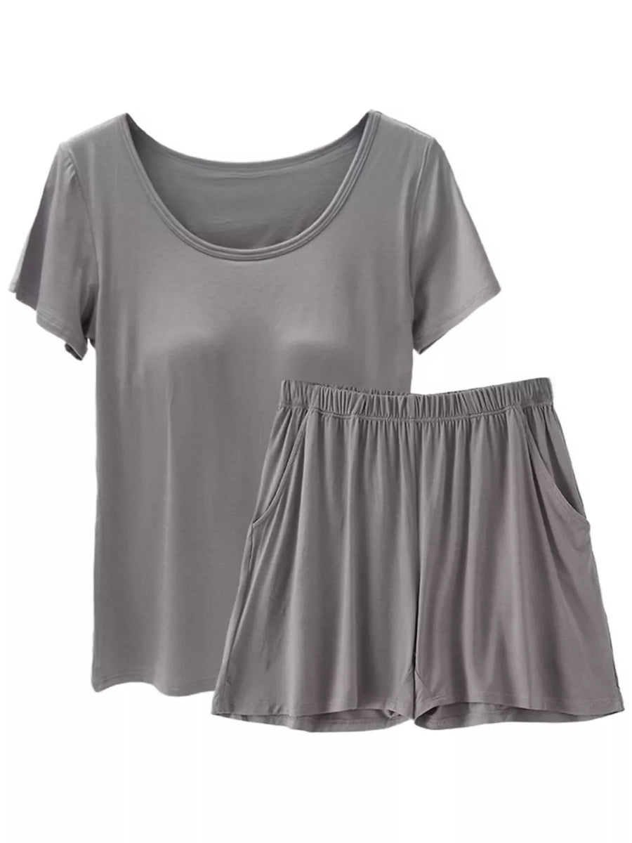 Heather gray two-piece pajama set with scoop neck t-shirt and elastic waist shorts with pockets.
