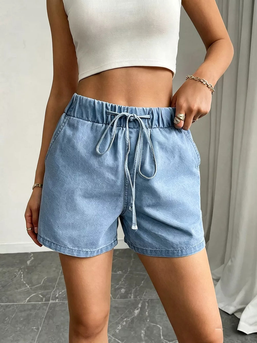 Drawstring High Waist Denim Shorts in Light