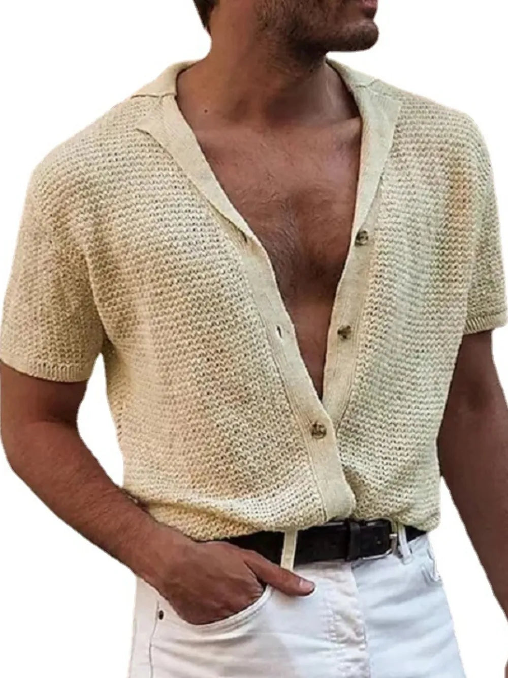 Textured knit resort shirt in beige with short sleeves and button front.