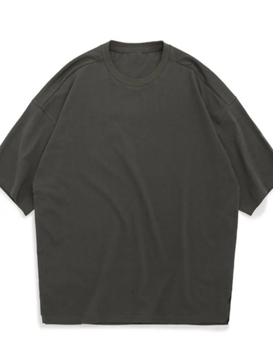 Oversized textured crew neck tee in dark gray with short sleeves and a relaxed fit.