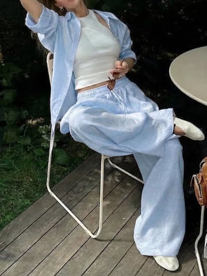 Button Up Shirt And Drawstring Pants Set in Pink