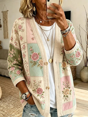 ivory cardigan with floral and v-neck