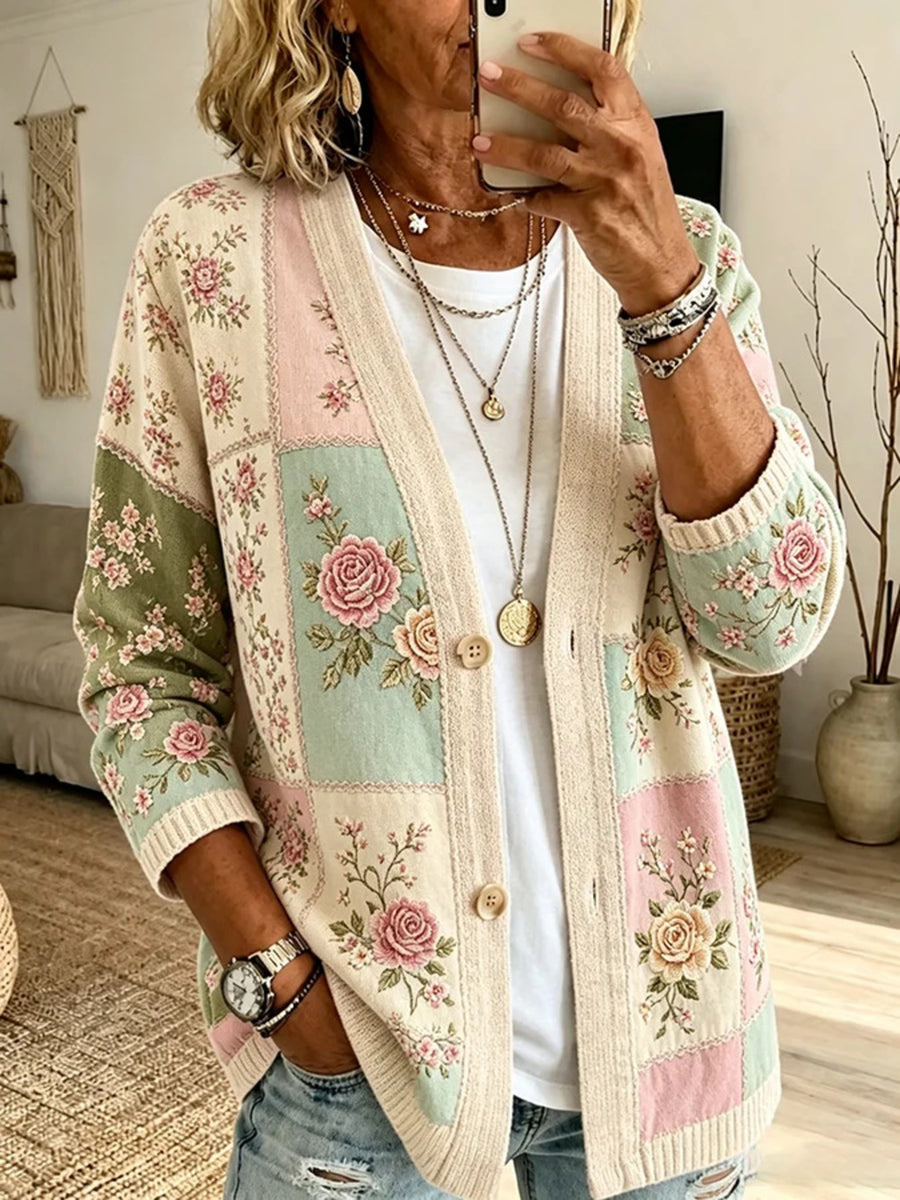 ivory cardigan with floral and v-neck
