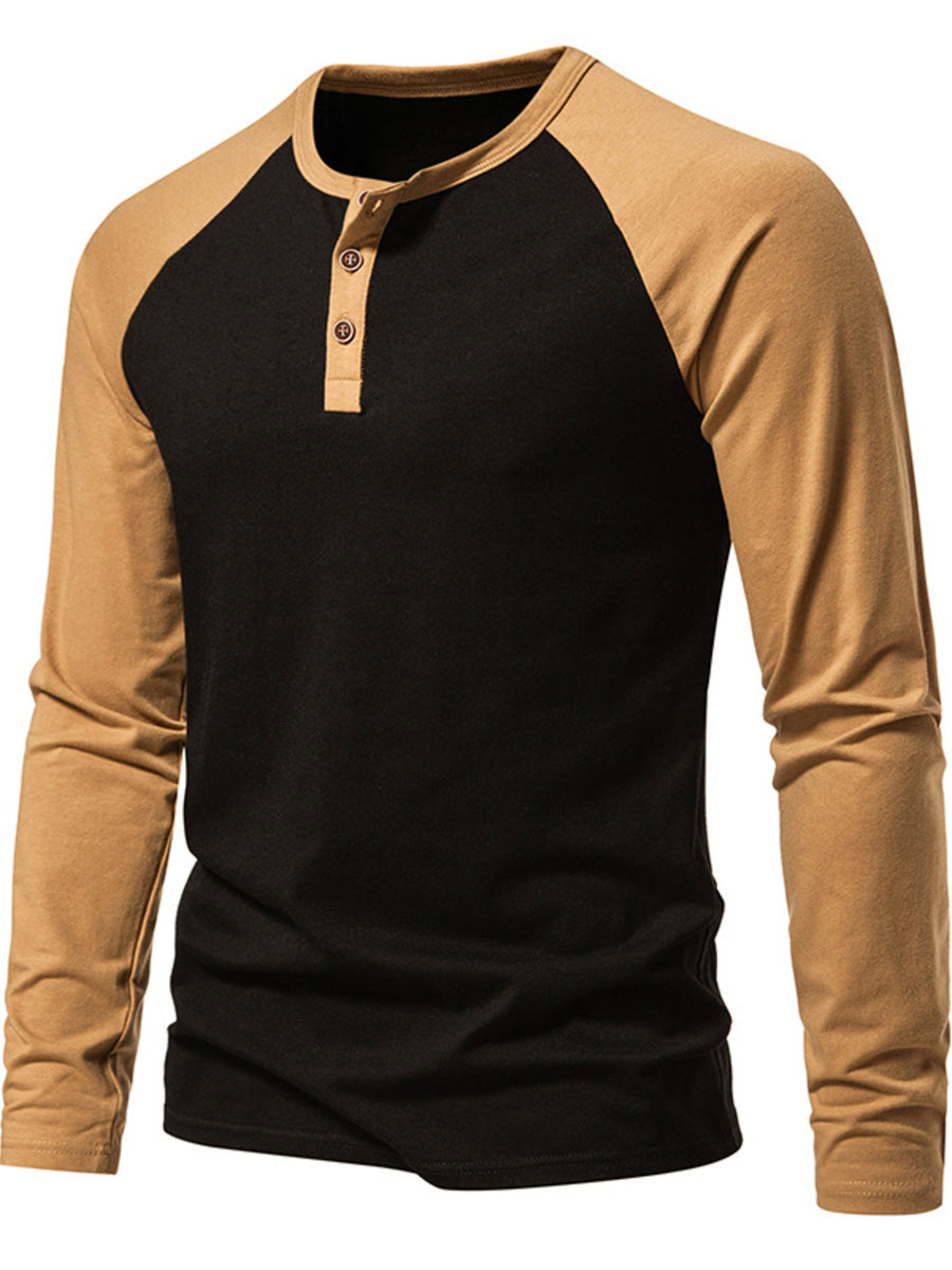 Men's black and tan long sleeve henley t-shirt with button placket