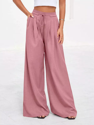 Dusty Pink high-waisted pleated wide-leg pants with pockets and drawstring waist