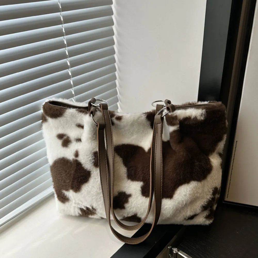 Cowhide print faux fur shopper bag with brown leather straps