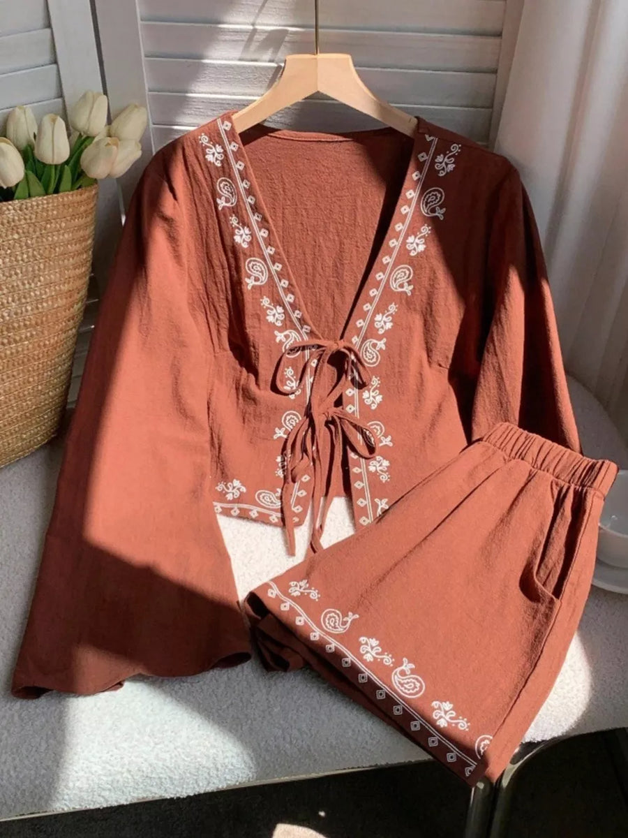 Brown embroidered tie-front top and shorts set with paisley detail