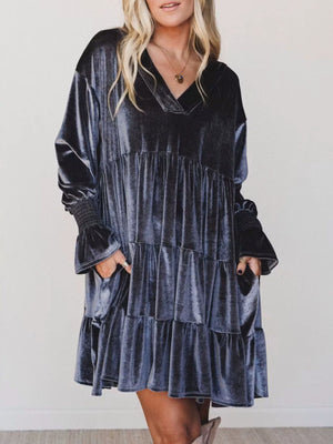 Velvet Tiered Mini Dress With Balloon Sleeves in Emerald with ruffled