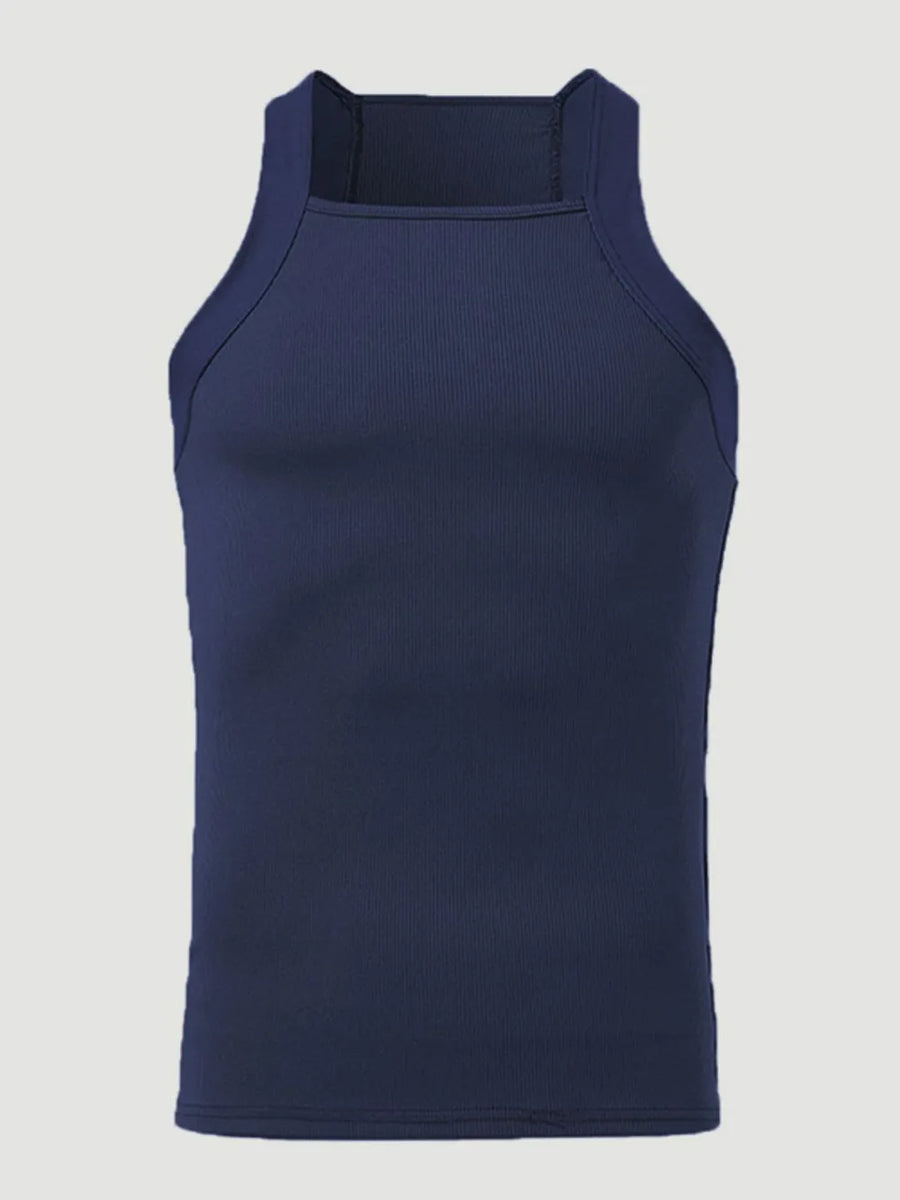 Navy ribbed tank top with square neckline and racerback detail