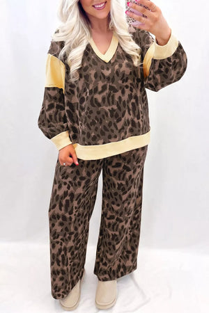 Coffee Brown, Leopard Print Long Sleeve V-neck Top & Pant Set in Coffee Brown