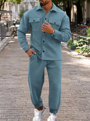 Light Blue lounge set with hip-length, full-length and button-front, elastic, drawstring