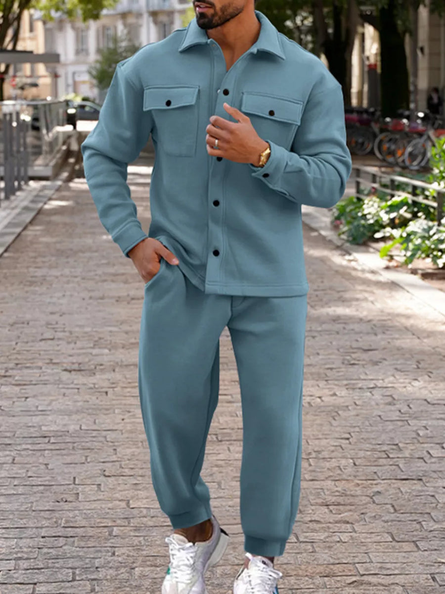 Light Blue lounge set with hip-length, full-length and button-front, elastic, drawstring
