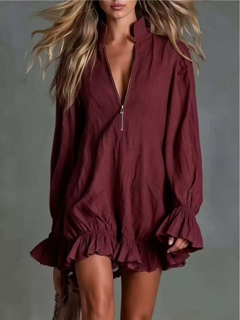Navy relaxed mini dress with mock neck