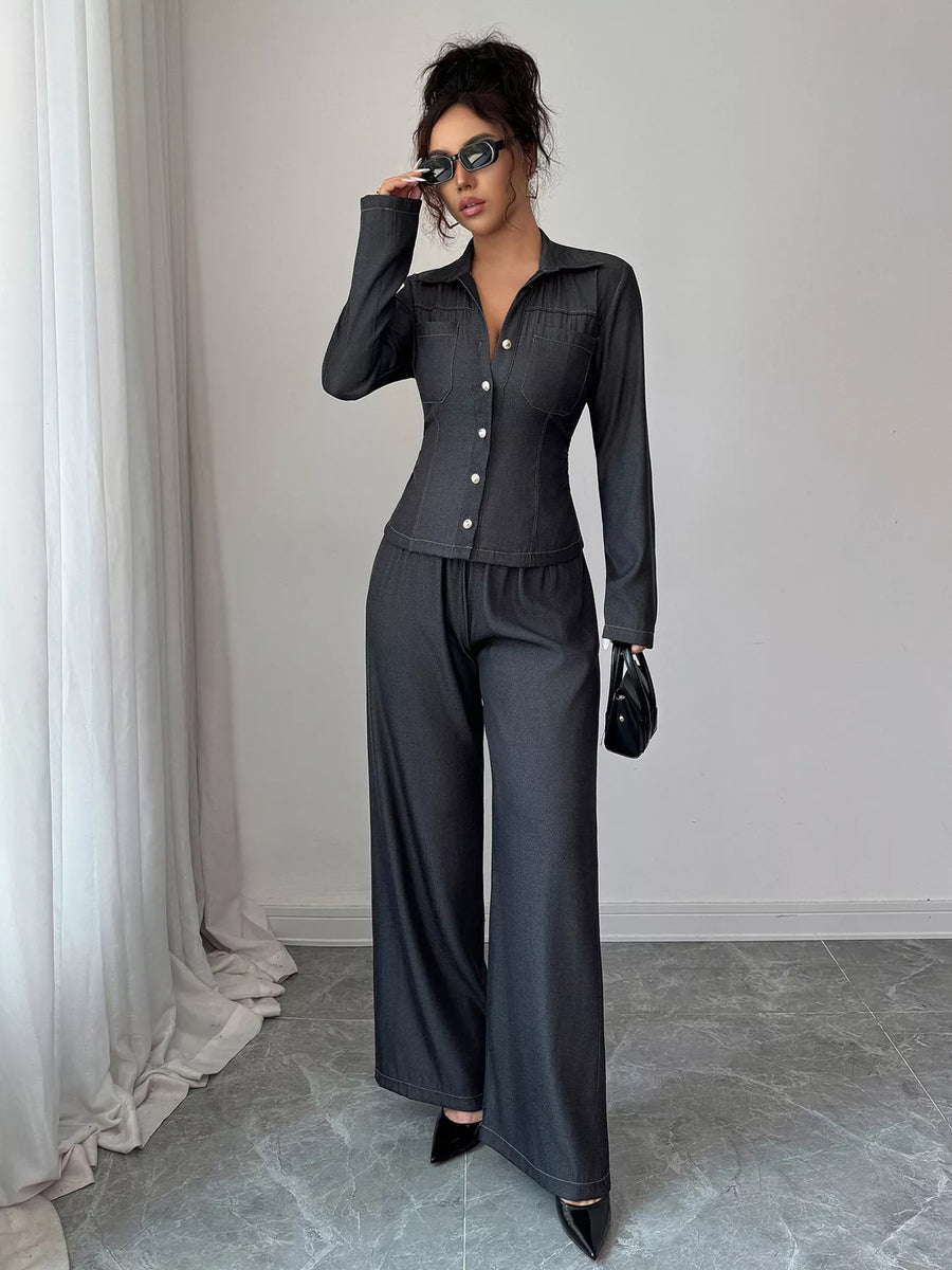 Gray button-up shirt and wide-leg pants set with white contrast stitching.