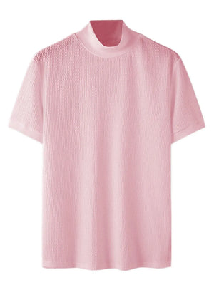 Textured knit mock neck tee in Dusty Pink with short sleeves.
