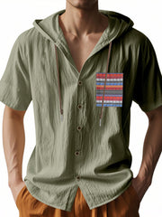Men's green hooded shirt with patterned chest pocket and drawstring detail
