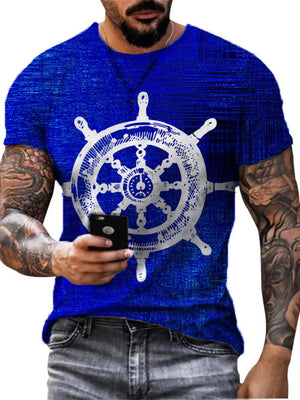 Men's royal blue t-shirt with a white ship's wheel graphic and textured pattern.