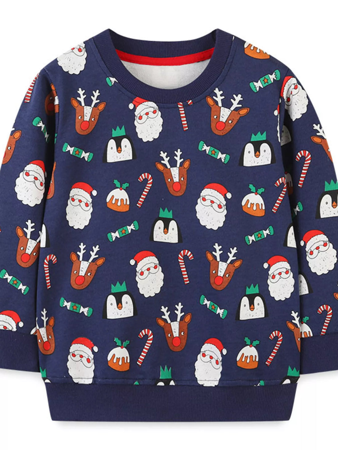 Children's dark navy Christmas print cotton crew neck sweatshirt with Santa, reindeer, penguins, candy canes, and puddings.