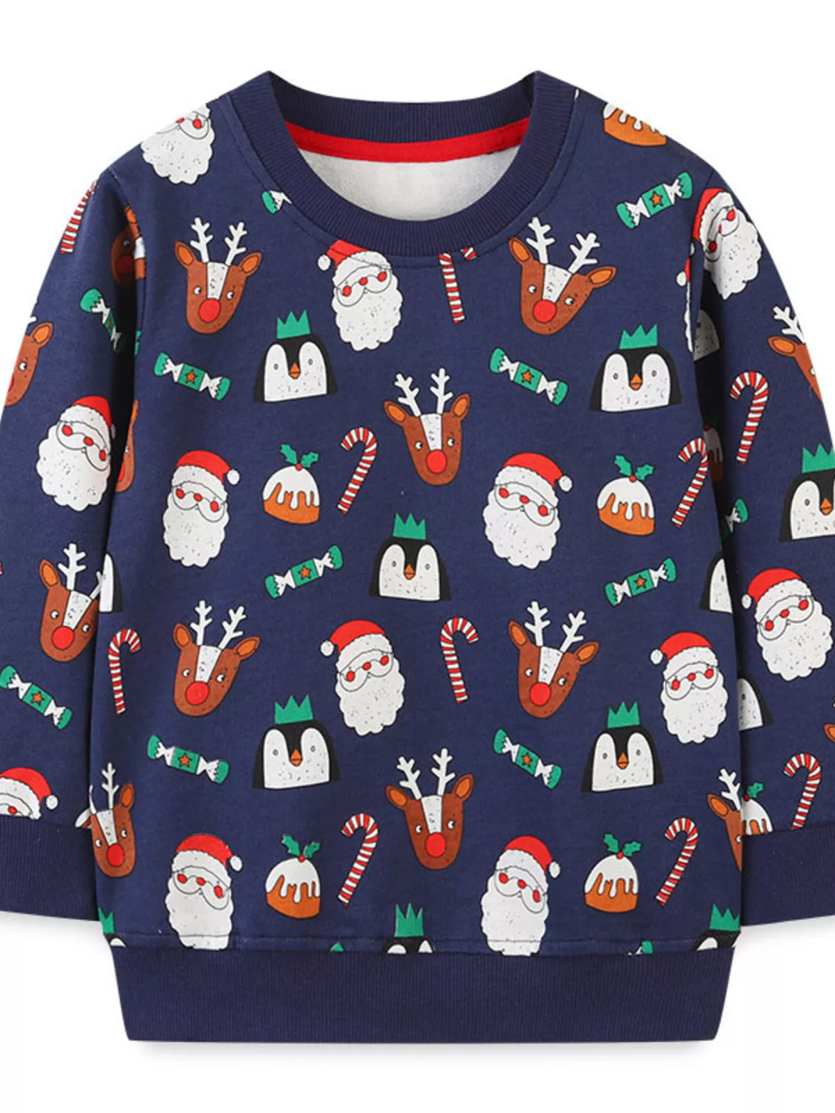 Children's dark navy Christmas print cotton crew neck sweatshirt with Santa, reindeer, penguins, candy canes, and puddings.